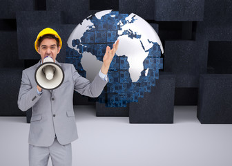 Poster - Composite image of architect with hard hat shouting with a megap