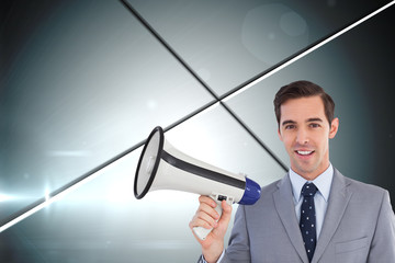 Poster - Composite image of smiling businessman holding a megaphone