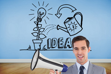 Poster - Composite image of smiling businessman holding a megaphone