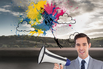 Poster - Composite image of smiling businessman holding a megaphone