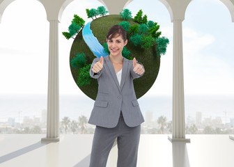 Poster - Composite image of smiling businesswoman giving thumbs up
