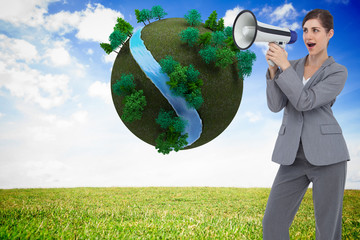 Poster - Composite image of businesswoman with loudspeaker