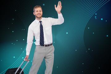 Poster - Composite image of handsome businessman with suitcase waving