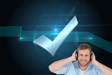 Poster - Composite image of trendy model listening to music and looking a
