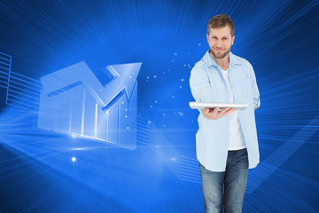 Poster - Composite image of happy man showing laptop to camera and smilin