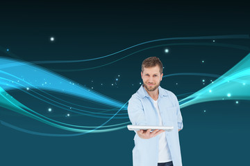 Poster - Composite image of happy man showing laptop to camera and smilin