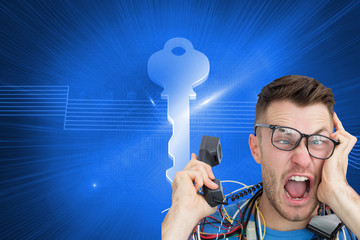 Wall Mural - Composite image of frustrated computer engineer screaming while