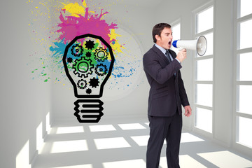 Poster - Composite image of standing businessman shouting through a megap