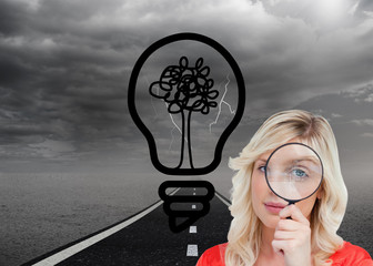Poster - Composite image of fair-haired woman looking through a magnifyin