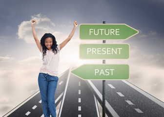 Poster - Composite image of a young happy woman stands with her hands in