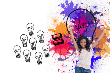 Poster - Composite image of a young happy woman stands with her hands in
