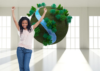 Poster - Composite image of a young happy woman stands with her hands in