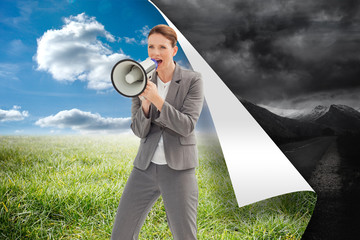 Poster - Composite image of businesswoman talking on a megaphone