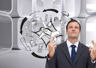 Poster - Composite image of serious businessman with fingers crossed is l