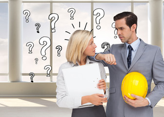 Poster - Composite image of architects with plans and hard hat looking at
