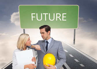 Poster - Composite image of architects with plans and hard hat looking at