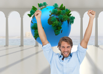 Poster - Composite image of happy man celebrating success with arms up