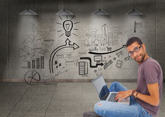 Poster - Composite image of man wearing glasses sitting on floor using la