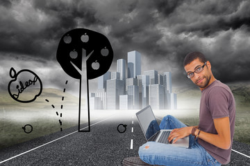 Poster - Composite image of man wearing glasses sitting on floor using la