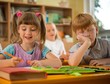 © Nejron Photo - Little girl in a school with sleepy redhead classmate