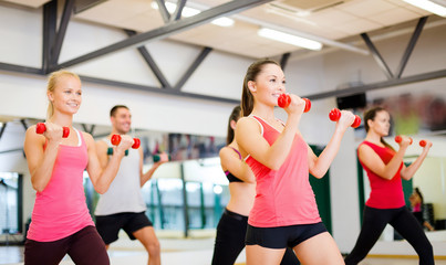 Poster - group of smiling people working out with dumbbells