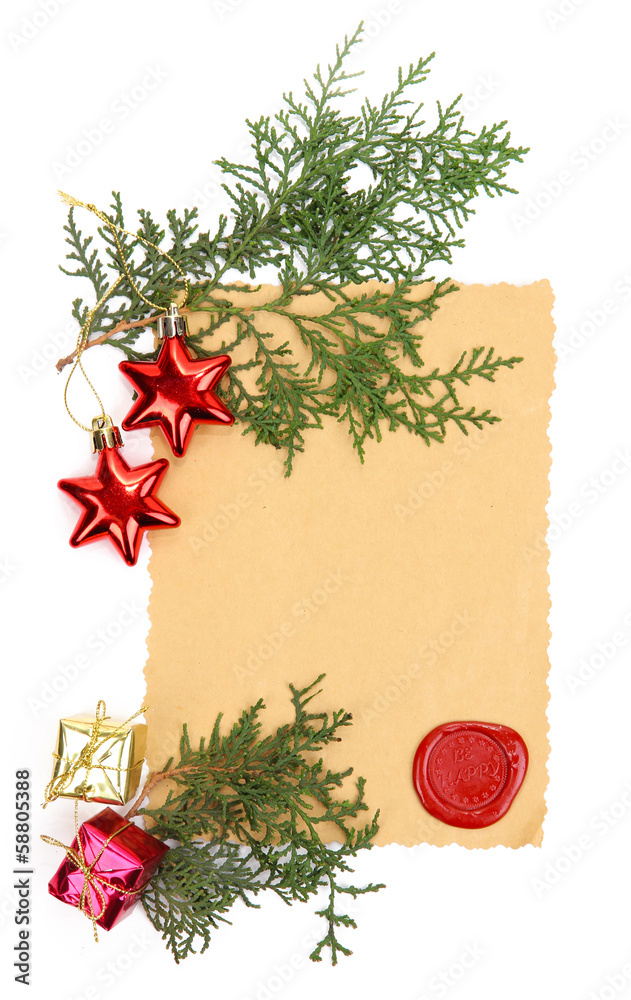 Frame with vintage paper and Christmas decorations isolated