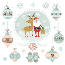 Christmas Illustration, Santa Claus And Deer, Hanging Toys