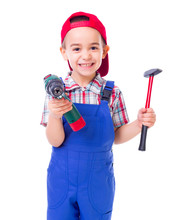 Little Handyman With Drill And Hammer