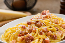 Italian Pasta, Carbonara Spaghetti, Close-up, Selective Focus