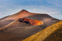 Colorful Crater Of Etna Volcano With Catania In Background, Sici