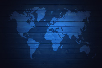 Canvas Print - world map on blue wooden fence background