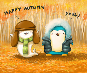 Wall Mural - penguin and seal in autumn leaves cartoon illustration