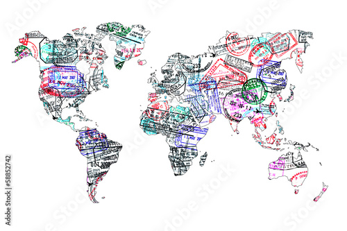 Plakat na zamówienie Carte du monde tampons de passeport, isolé