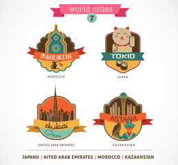 World Cities labels - Marrakesh, Tokio, Astana, Dubai,