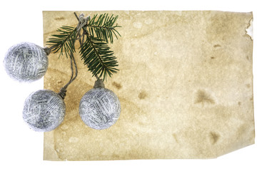 Christmas card with blank space and three christmas tree toys