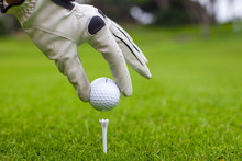 Close-up Of Man's Hand Hold Golf Ball With Tee On Course