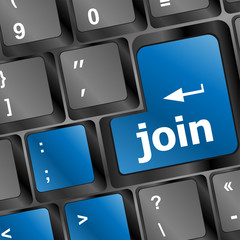 Poster - online communities concept, with 'join us' on computer keyboard.