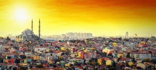 Istanbul Mosque With Colorful Residential Area In Sunset