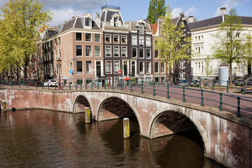 Poster - Bridge over Canal and Houses in Amsterdam