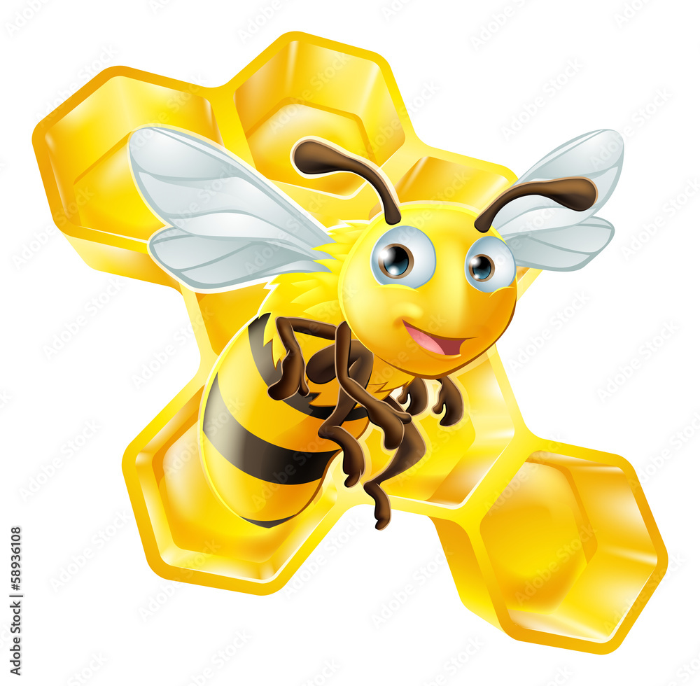 Cartoon Bee and Honey Comb - obrazy, fototapety, plakaty 