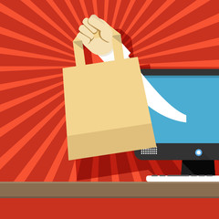 Poster - Internet shopping illustration. Hand with shopping bag