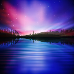 Wall Mural - abstract background with forest lake and sunrise
