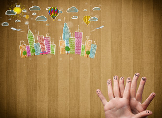 Fototapete - Happy smiley fingers looking at colorful handrawn cityscape