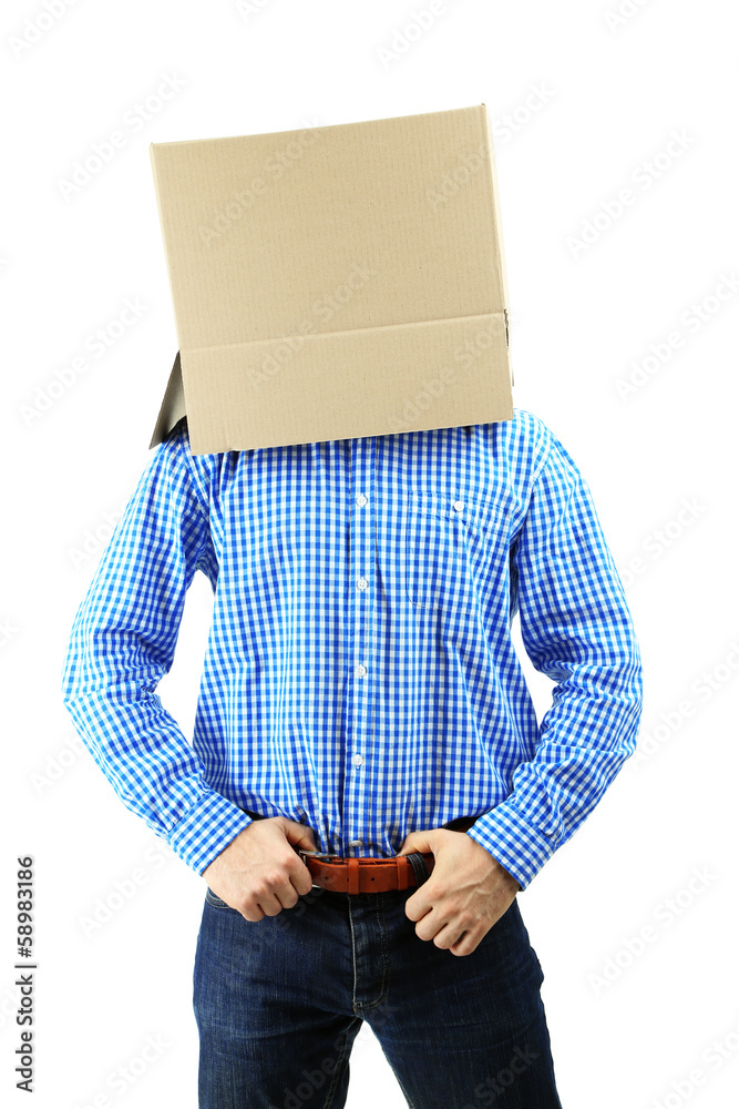 Man with cardboard box on his head isolated on white