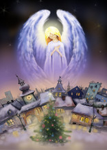 Beautiful Angel Over A City At Snowy Christmas Night.