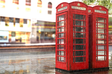 Fototapete - Rainy day.Red Phone cabines in London
