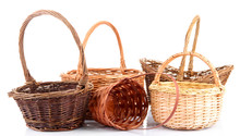 Empty Wicker Baskets, Isolated On White