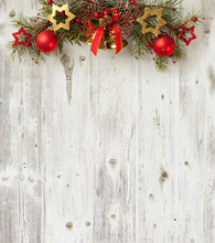 Christmas Decoration On Old Grunge Wooden Board