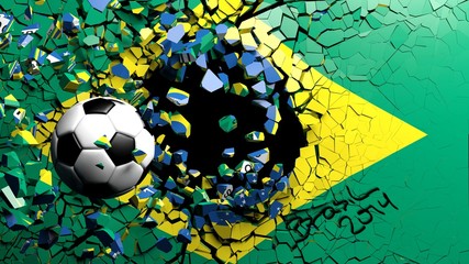 Wall Mural - Soccer ball breaking though wall with Brazilian flag