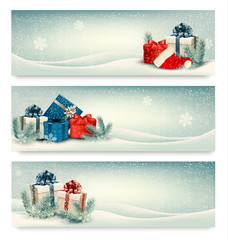 Poster - Christmas winter banners with presents. Vector.